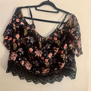 Forever 21 Black Floral Off-Shoulder Crop Top with Lace Trim